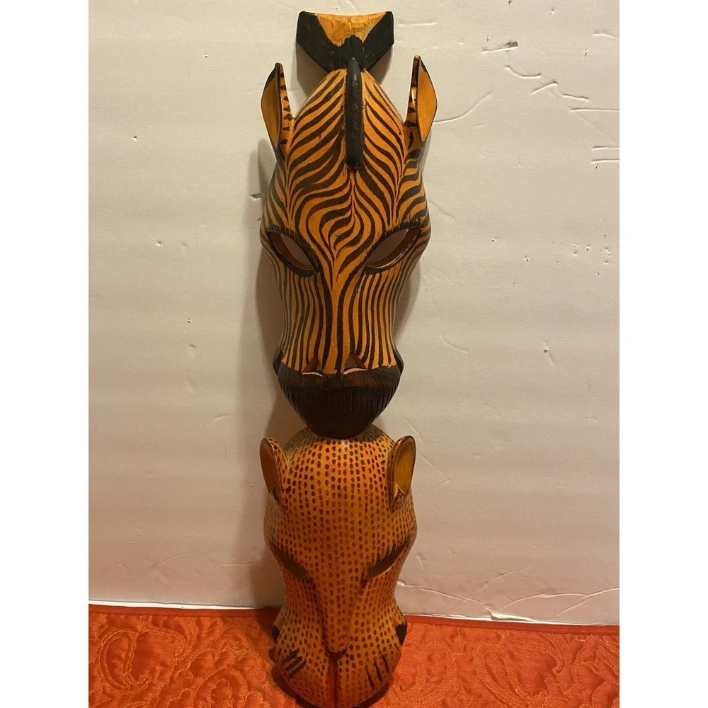 Wooden Hand Carved African Tribal Masks. Zebra And Leopard 19